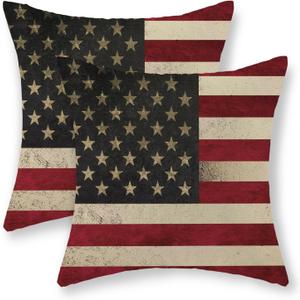 4th of July Pillow Covers 18x18 Inch Set of 2, Vintage American Flag Decor Patriotic Throw Pillows Memorial Independence Day Pillowcase Outdoor Decorations Linen Cushion Case for Couch Sofa
