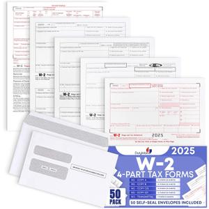 W2 Tax Forms 4 Part 2025, 50 Employees Kit of Laser Forms with 6 W3s, and 50 Self-Seal Envelopes IRS-Compatible, Great for QuickBooks and Accounting Software, All W2 Lazer Forms in Value Pack