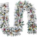 Christmas Garland with Lights, Xmas Garlands with Timer, 9ft Lighted Xmas Garland Snow for Mantle Staircase Front Door Stairs Railing Window Fireplace Winter Outdoor Home Decorations