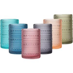Colored Vintage Hobnail Drinking Glasses Set of 6, Water Tumbler 15oz, Kitchen & Bar Beaded Highball Glasses, Beverage Glass Cups for Water, Beer, Juice,Christmas and New Year gifts