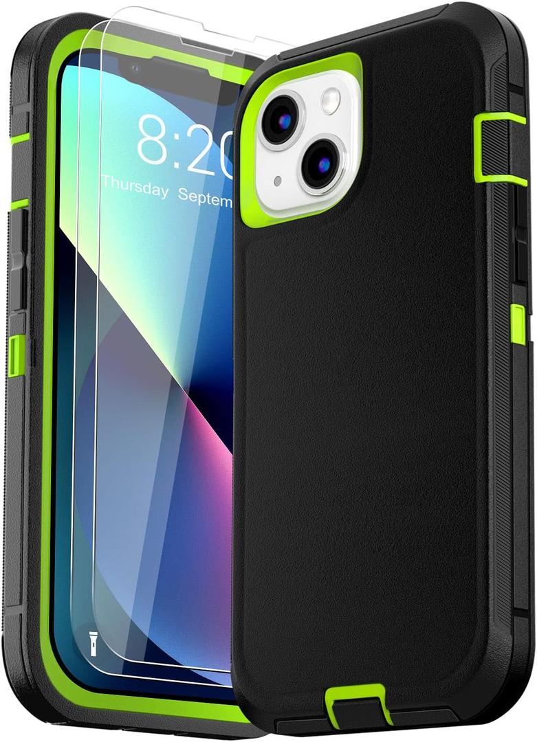 for iPhone 13 Case (6.1"), with 2 Tempered Glass Screen Protector [Heavy Duty Military-Grade Full Body Drop Protection] Shockproof Tough Durable 6.1 InchBlackgreen
