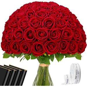 Waipfaru Red Roses Artificial Flowers Bulk, Real Touch Velvet Roses with Wrapping Paper, 50 Pcs Fake Flowers for Wedding Centerpieces Bridal Bouquet Valentines Mothers Day Decor