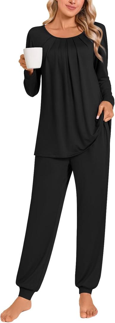 Anymeet Womens Pajama Sets Fall Winter Long Sleeve 2 Piece Sleepwear Soft Lounge Outfits with Pockets (Large, Black)