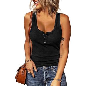 BTFBM Women's Summer Ribbed Tank Tops Crew Neck Button Down Slim Fit Basic Sleeveless Tunic Blouse Casual Henley Shirts (Black, S)