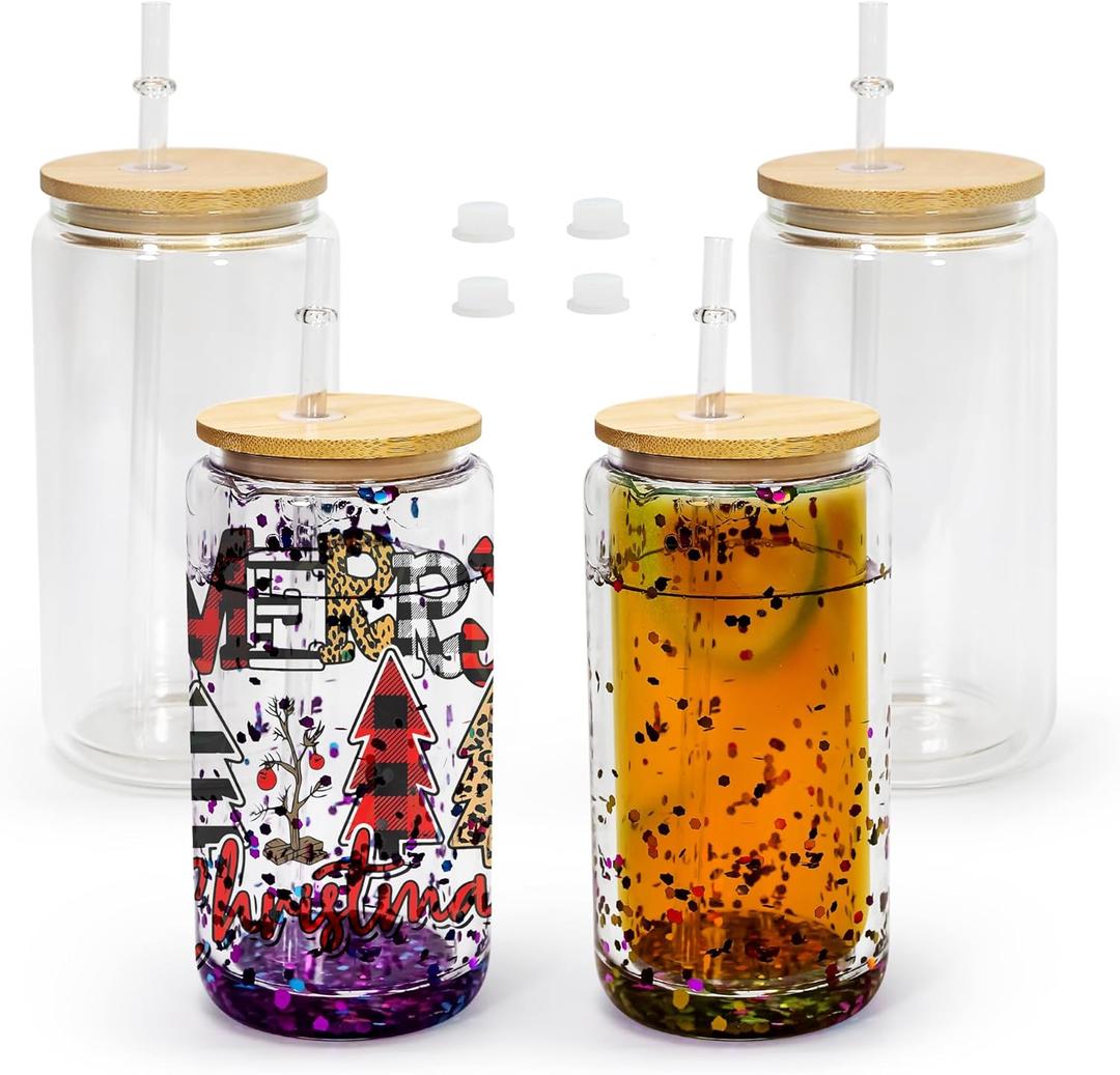 AGH 4 Pack Snow Globe Tumbler 16 oz Sublimation Snow Globe Glass Tumbler with Pre Drilled Hole Double Wall Snowglobe Glass Cups for Snow Globe Glitter DIY