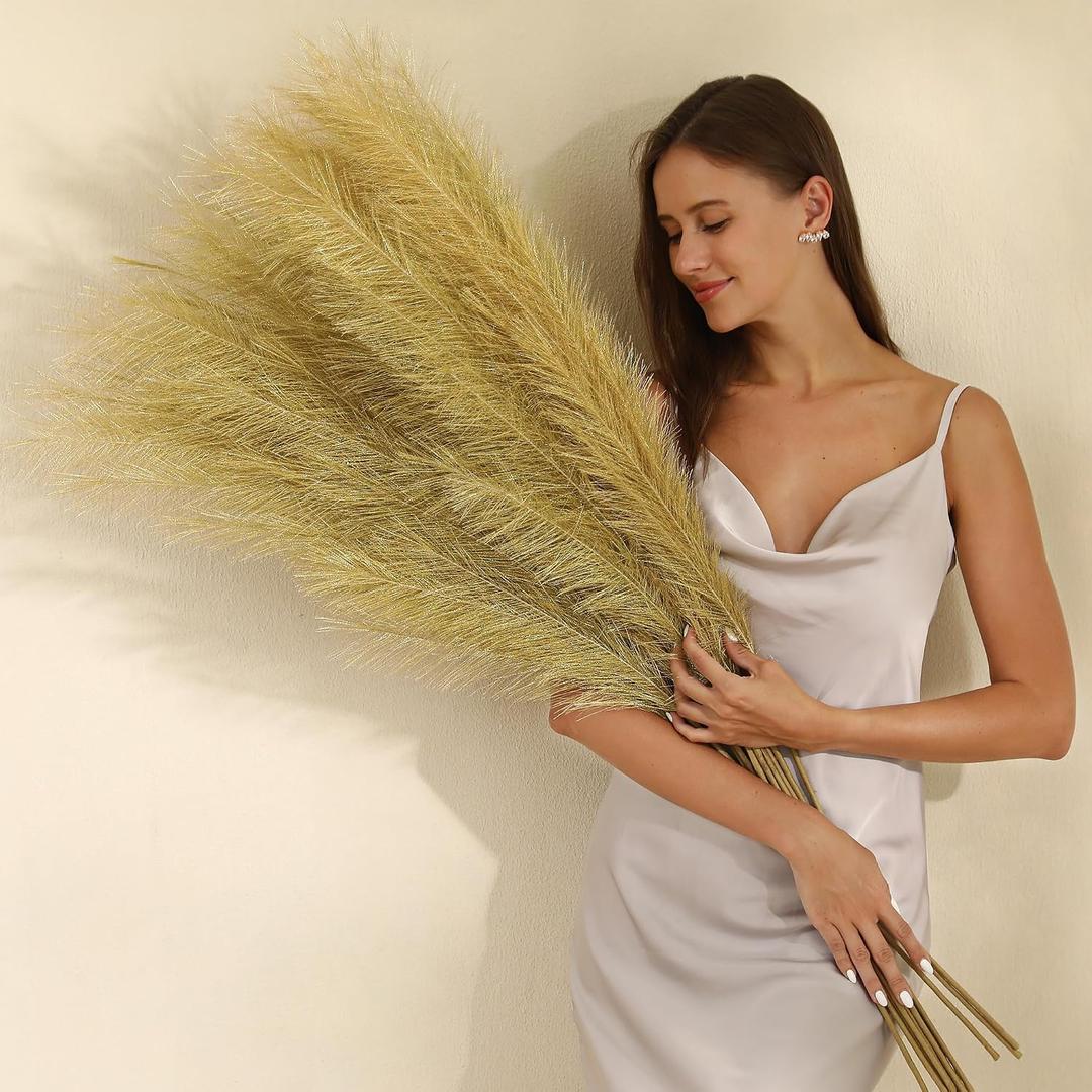 Wertuirk Gold Pampas Grass Decor - 45-Inch Set of 8 | Faux Tall Pampas Grass Soft and Fluffy | Perfect for Wedding Centerpieces, Great Gatsby Party Decorations and Glam Room Decor