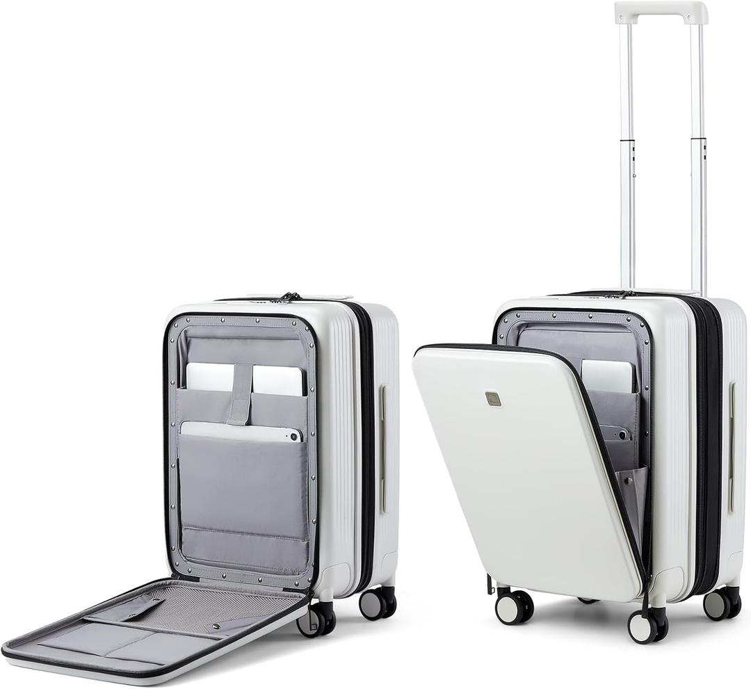 Hanke Grace Expandable Carry On Luggage with Wheels Airline Approved Hard Shell Suitcases with Front PocketTop Opening Luggage with TSA Lock for Short Business Travel, Smoke White. (20 Inch Expandable)