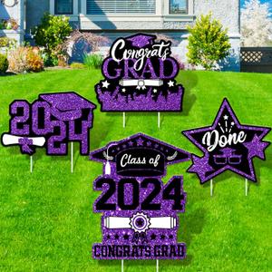 Purple and Black Class of 2024 Graduation Decorations Congrats Grad Yard Signs with Stakes Grad Party Outdoor Lawn Decor Supplies (4 Pieces)