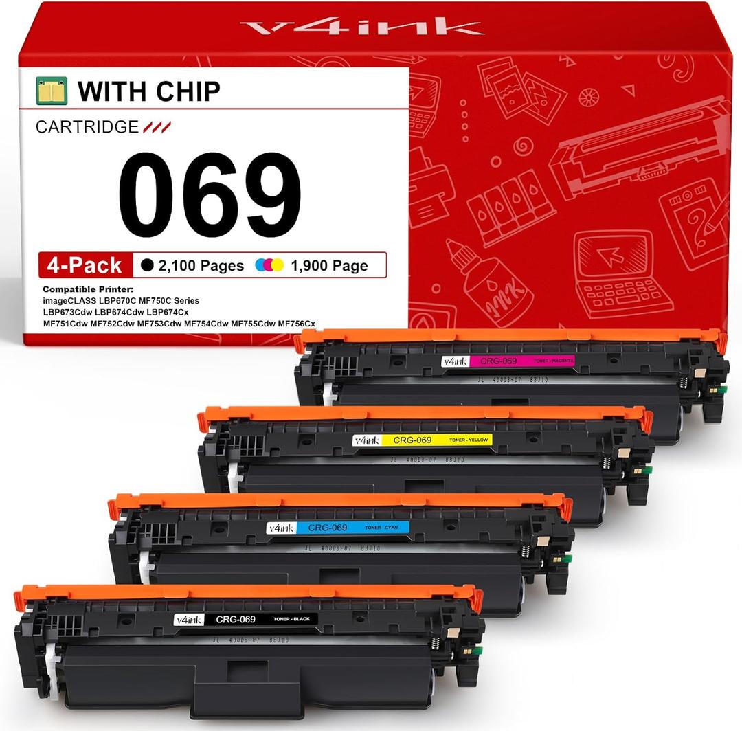 v4ink 069 069H Toner Cartridge Compatible Replacement for Canon 069 Toner Cartridge Set for use with Canon imageCLASS LBP670C MF756Cx MF750C Series LBP673Cdw LBP674Cdw MF753Cdw MF754Cdw Printer 4Pack
