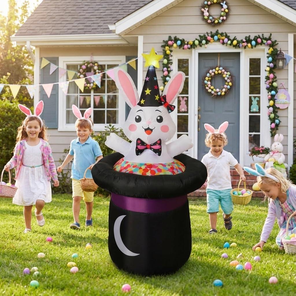 IHGYT 5 Ft Inflatable Easter Bunny in Magic Hat Yard Decoration, Cute Wizard Rabbit Popping Out of Top Hat with LED Lights, Blow Up Lawn Decor for Easter, Birthday Party, Indoor Outdoor Home Garden