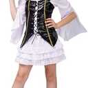 Tempura Little Girl Halloween Costume Pirate Dress Long Sleeve Lace Midi Dress+Cosplay Party Club Vest+Waist Belt+Headwear 14-16Age White