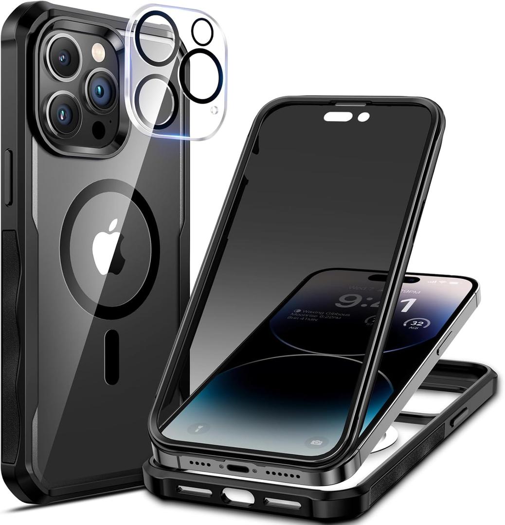seacosmo for iPhone 14 Pro Case, Full Body Bumper with Built-in 9H Tempered Glass Privacy Screen Protector and Camera Lens Protector, Compatible with MagSafe, Shockproof Phone Cover, 6.1", Black