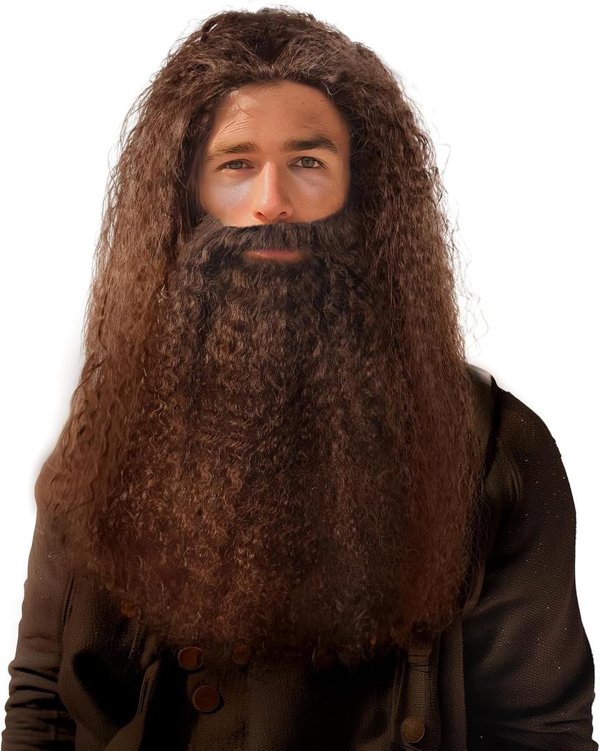 JEGERMIG Grey Wizard Curly Wig and Beard Christmas Funny Cosplay Santa Claus Costume Accessory for Adults