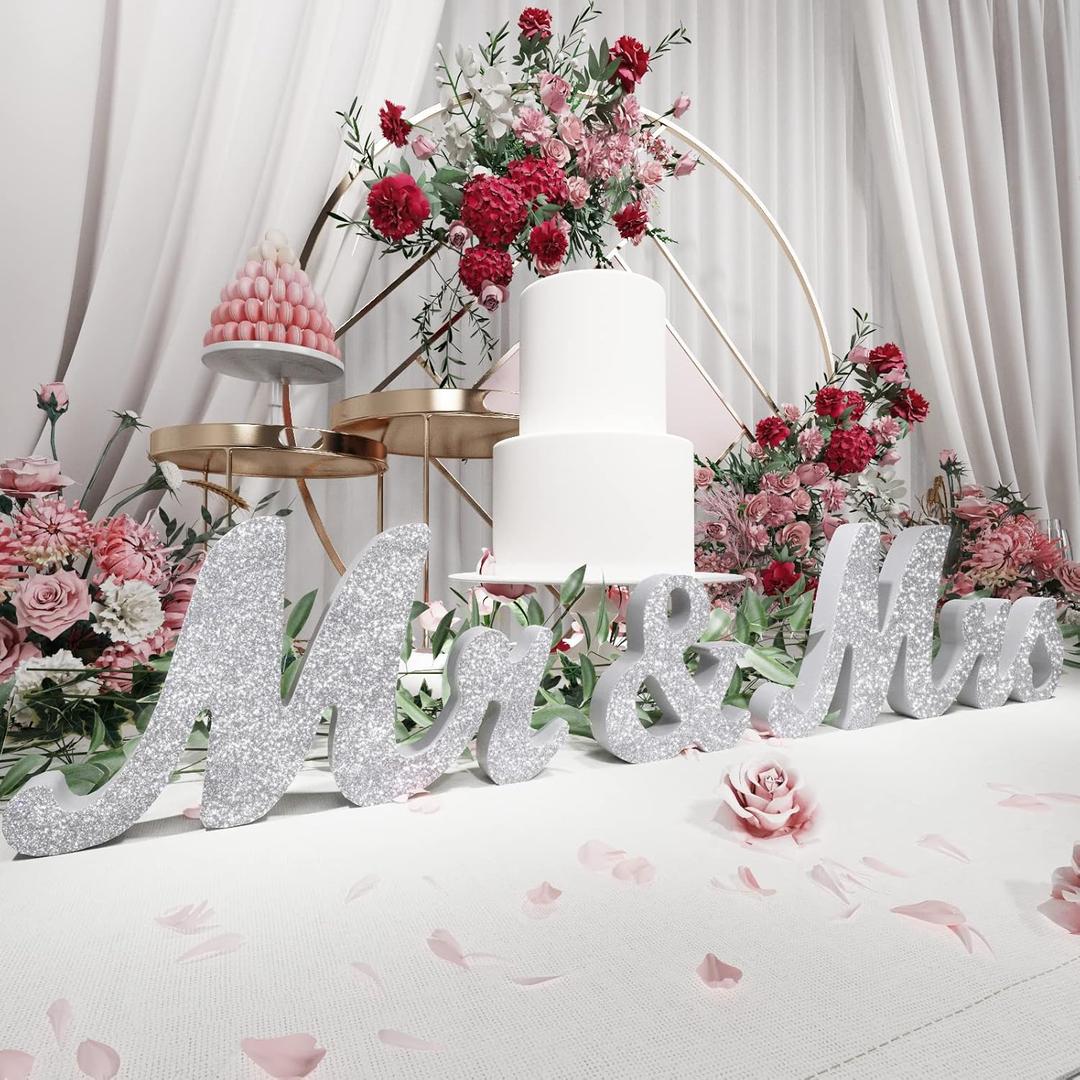 Mr and Mrs Sign for Wedding Table, Large Wooden Letters Mr & Miss Signs for Sweetheart Table, Photo Props Wedding Decorations for Anniversary (Silver)