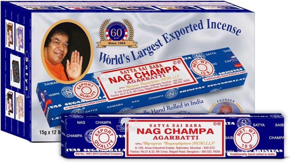 Satya Sai Baba Nag Champa Agarbatti Pack of 12 Incense Sticks Boxes 15gms Each Fine Quality Incense Sticks for Relaxation, Meditation, Positivity and Peace.