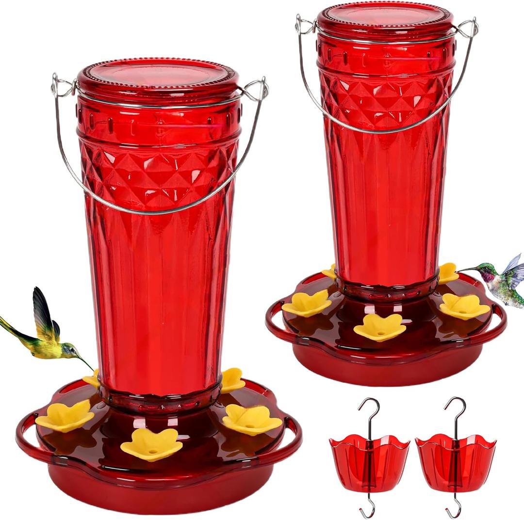 2 Pack Glass Hummingbird feeders for Outdoors 14Ounces5 Feeding Ports Hummingbird Feeder,Wide Mouth for Easy Filling/CleaningHanging for Garden Backyard Decor, Includes Ant Moat (Red2Pack)