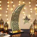 Eforcase Ramadan Decorations Table Decor Wood Eid Mubarak Kareem Table Sign Acrylic Mirror Hollow Moon with Star Ornament for Muslim Party Tabletop Centerpiece Decor Islamic Eid Decoration Gold Moon