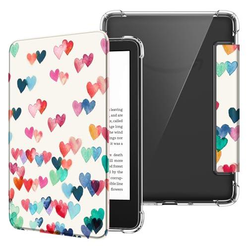 Fintie Slim Case for 6" Kindle (11th Generation-2024/2022 Release), Ultra Clear Soft Flexible Transparent TPU Back Cover Light Shell Auto Wake/Sleep for Kindle 2024/2022 11th Gen, Raining Hearts