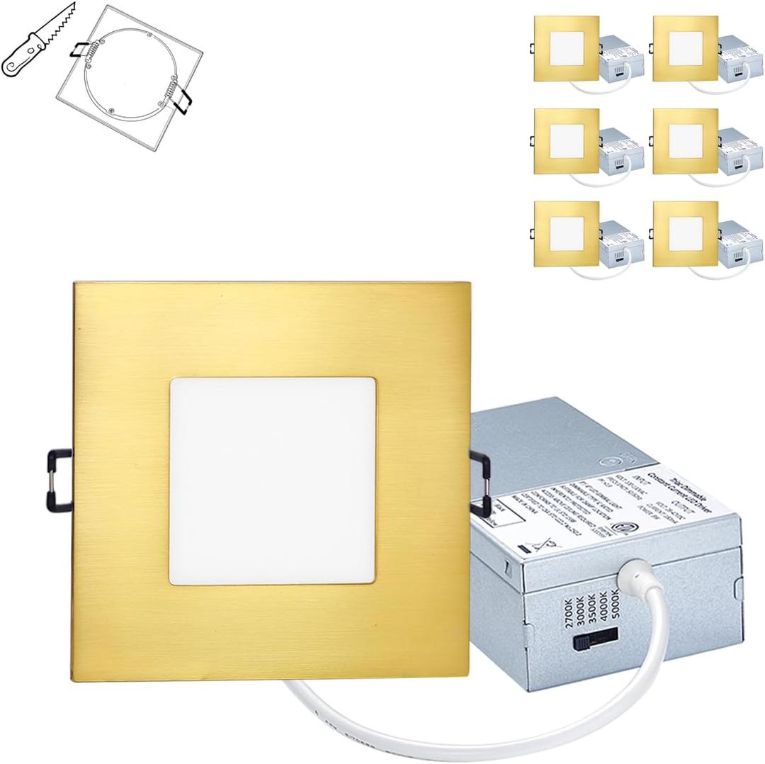 Recessed Lighting 4-inch Square-LED - Canless Recessed Light Fixture, Dimmable Ceilling Light with Junction Box, 2700|3000|3500|4000|5000K, 9W, Gold, 6P