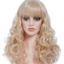 22 Inches Blonde Wigs for Women Long Wavy Wig with Neat Bangs Synthetic Natural Wig for Cosplay,Halloween,Daily Use