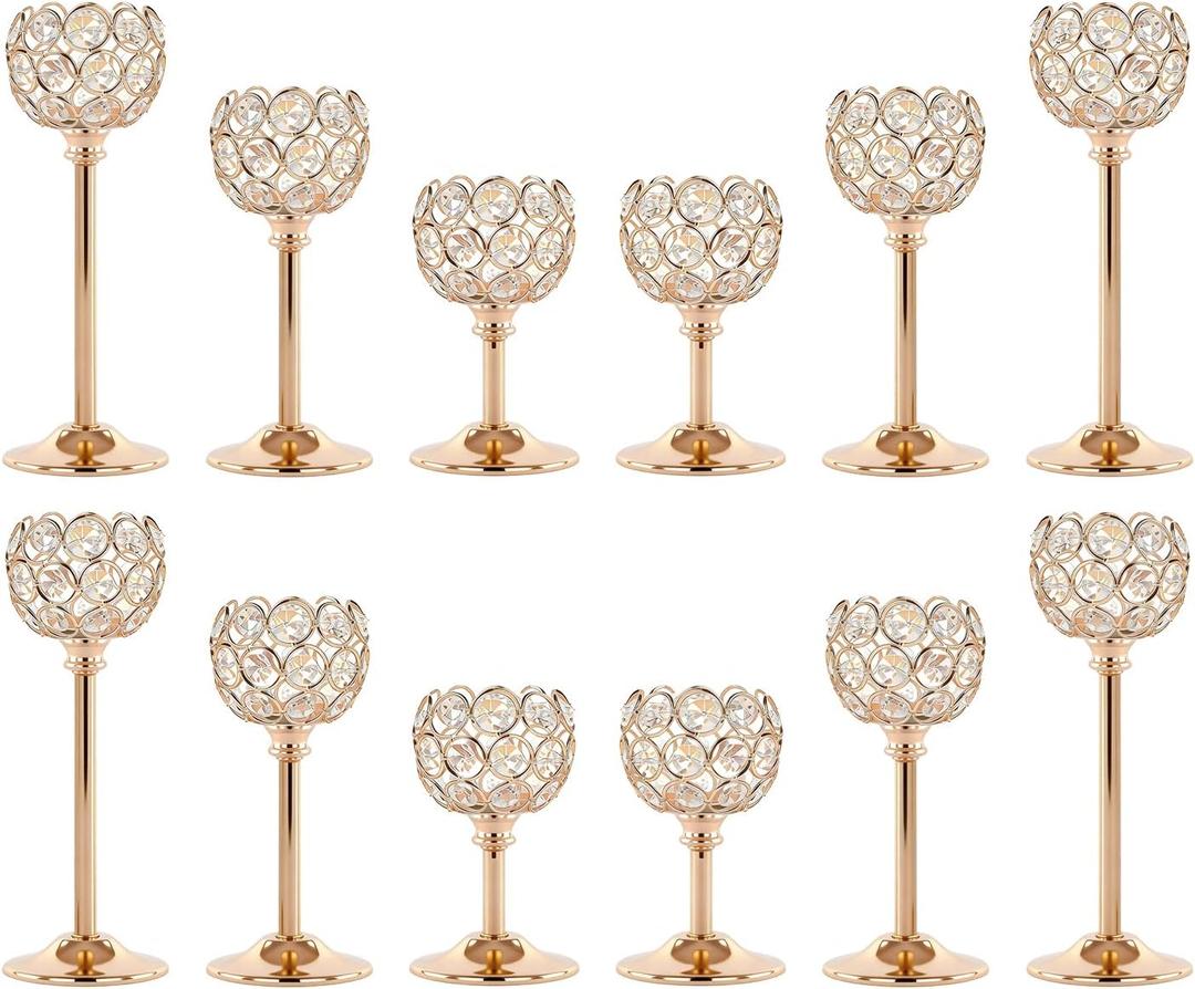 Crystal Candle Holders 4 Set of 12 - Gold Vintage Hollow Ball Candle Stand for Table Centerpiece, Crystal Metal Tealight Candlestick for Wedding, Dining Room Decor