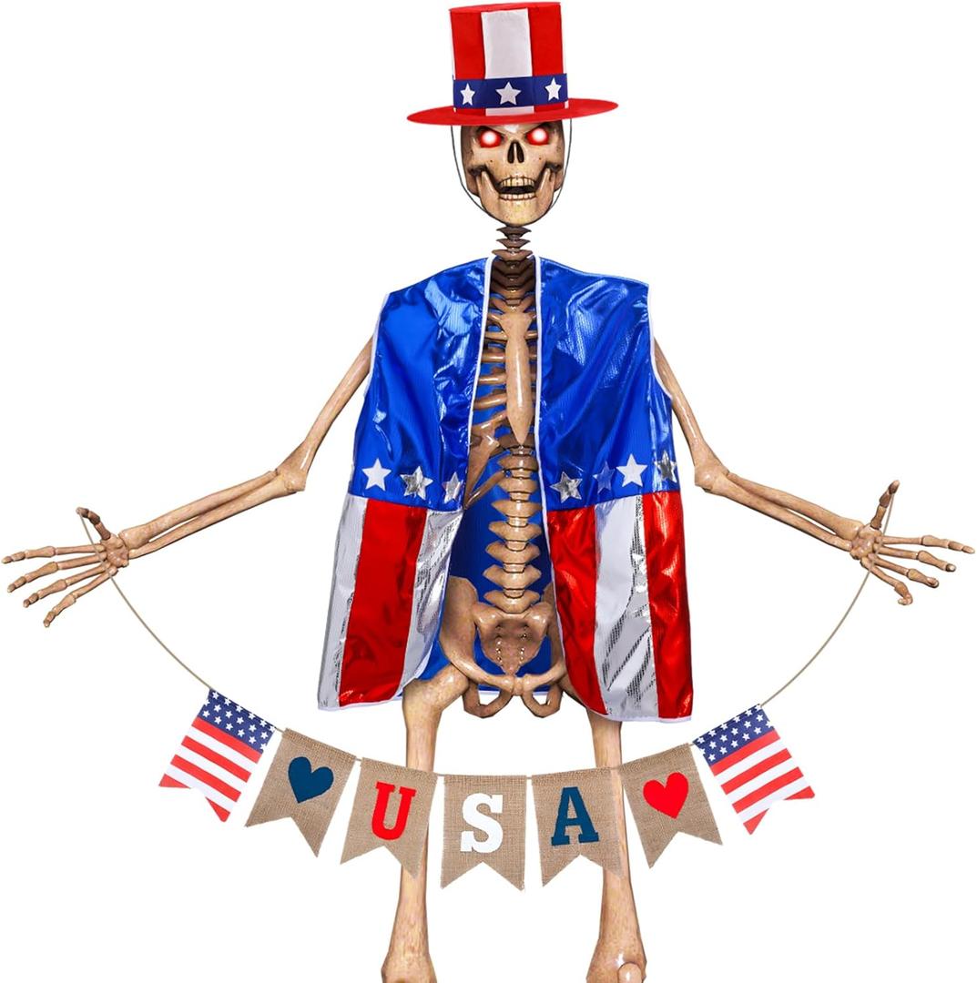 3 Pcs 12 ft Skeleton Accessories 4th of July Skeleton Hat, Vest, USA Banner Outfit Set Giant Sized Skeleton Costume Clothing for Patriotic Garden Lawn Outdoor Decor