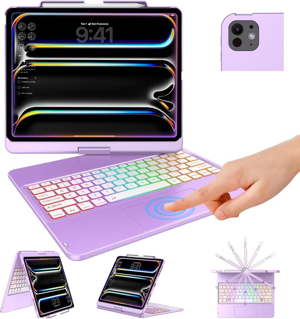 TQQ iPad Pro 13-inch Case with Keyboard (M5 2025 / M4 2024), iPad Pro 13 Keyboard Case with Pencil Holder, Multi-Touch Trackpad, 360 Rotatable, 7-Color Backlit, Thin & Light (Purple)