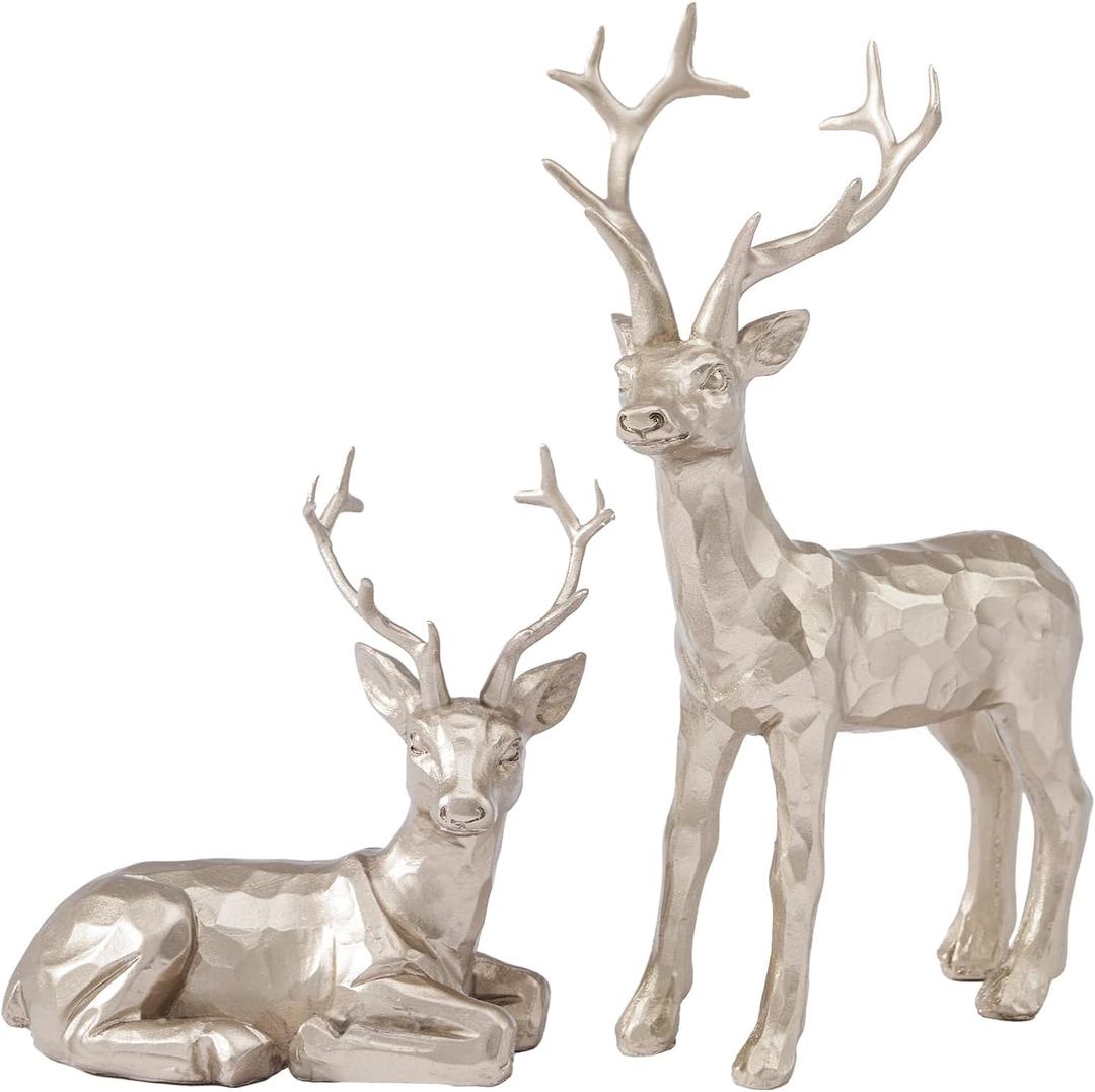 DN DECONATION 2PCS Reindeer Christmas Decoration  Xmas Champagne Gold Reindeer Resin Christmas Figurines, Deer Statues for Winter Home Decor Tabletop Mantle & Holiday Decor Indoor
