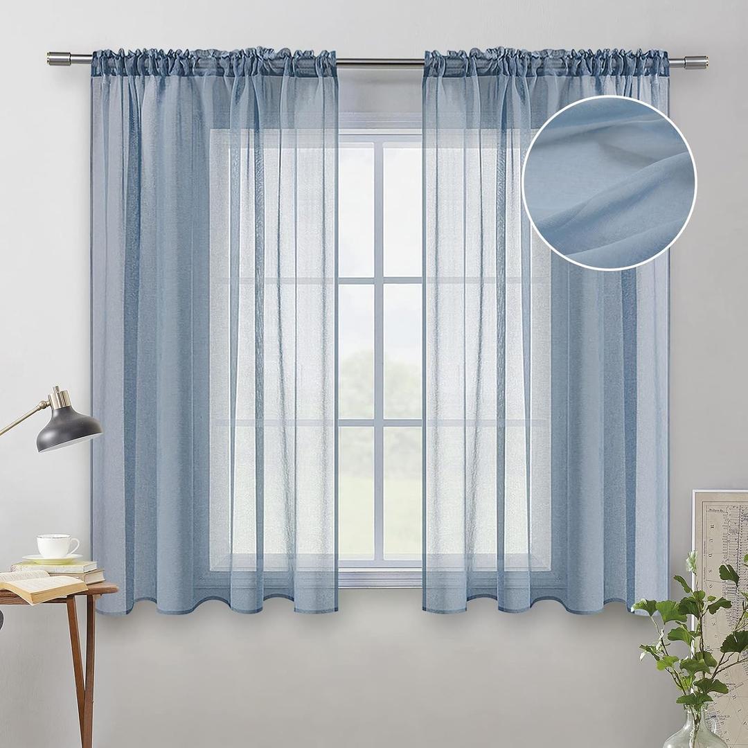MIULEE Dusty Blue Linen Textured Sheer Curtains 54 Inch Length for Bedroom/Living Room/Kitchen Semi Transparent Voile Farmhouse Short Window Drapes Light Blue Rod Pocket 2 Panels W54 x L54