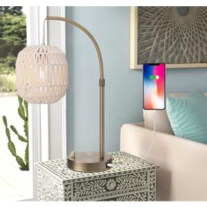 Tall Industrial Gold Rattan Table Bedside Lamp for Bedroom with USB Charge Port, Boho Woven Nightstand Lamp Home Office Couch Side Living Room Decoration Desk Lamp Gold & White