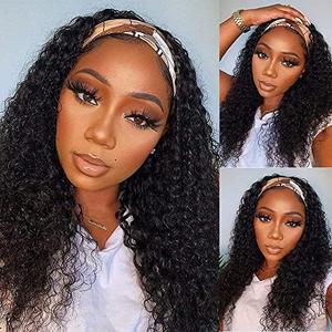 WENYAN Headband Wig Human Hair Deep Wave Wigs for Black Women Glueless None Lace Front Curly Wave Wig Brazilian Virgin Hair Wear and Go Wigs Machine Made 150% Density Wigs Natural Color10 Inch 