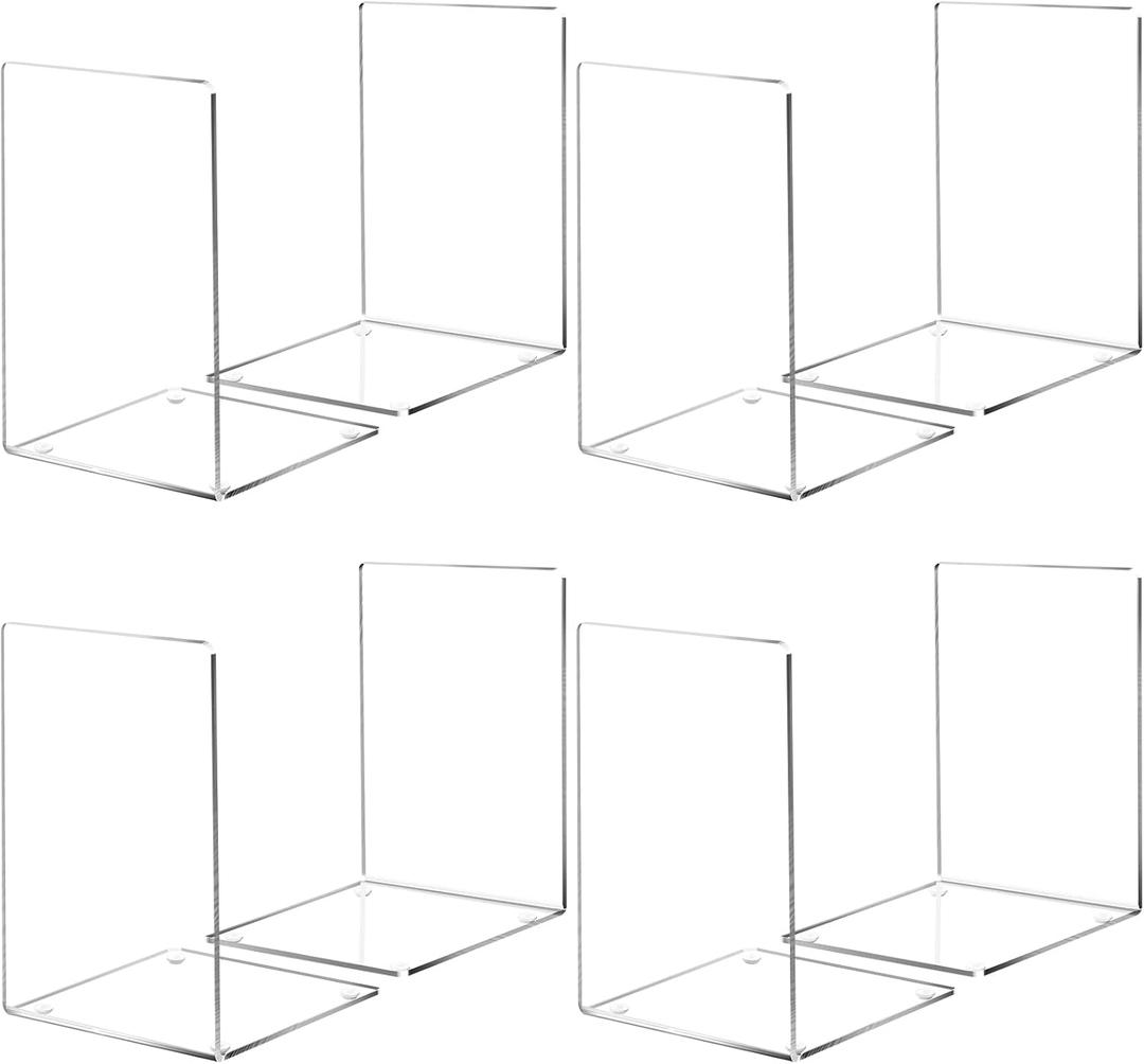 HappyHapi Book Ends, 8 Pcs Book Ends Acrylic Bookends for Shelves, Clear Book Holder Stand, Non-Skid Decorative Bookend, Study Book Organizer for Home Library Office, 5 x 5 x 7.3 inch