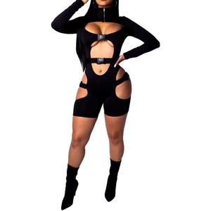 Yeshire Women's Bodycon Bag Buckle High Neck Long Sleeves Sexy Hollow Out Rompers Jumpsuits Clubwear, X-Large Black