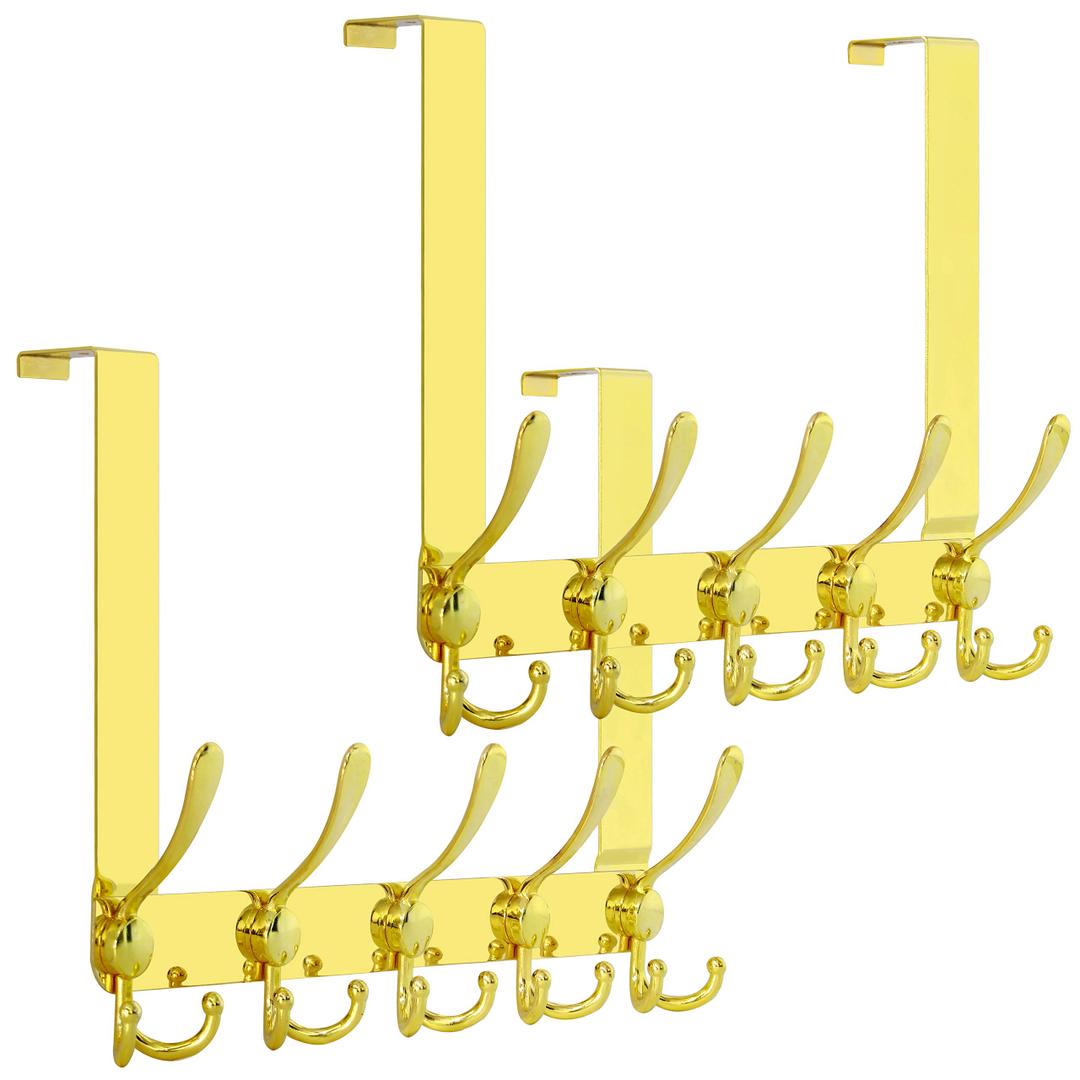 SKOLOO Over The Door Hook - for Doors up to 1-3/4'' Thickness, Pack of 2, Metal Door Hanger with 5 Triple Hooks, Over The Door Hanger for Coats, Hats,Towels, Gold, Assembly Required