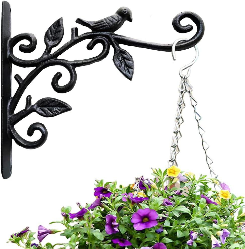 KiaoTime Cast Iron Metal 9.5" Hanging Planter Flower Pots Bracket Bird Feeder Hook Wind Chime Lanterms Hanger with Double Sided Bird for Indoor Outdoor Wall Fence Deck Trees Patio Garden Post Arm