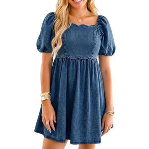 Denim Dress Babydoll Jean Square Neck Puff Sleeve Casual Country Concert Dresses with Pockets for Women 2026 (Blue, L)