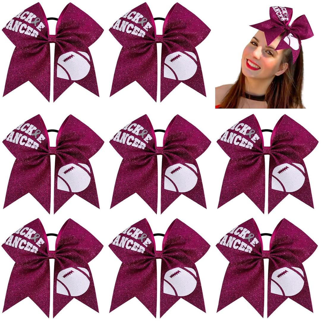 CN 8PCS 7" Breast Cancer Awareness Large Cheer Bows,Hot Pink Ribbon Cheerleading Bows Ponytail Holder for Girls, Glitter Cheer Hair Bows with Elastic Hair Tie for Competition (Pattern B)