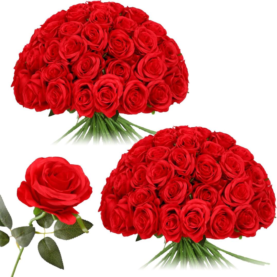 Nubry 50pcs Artificial Silk Roses Bulk,Fake Roses Flower with Stems Realistic Flowers for Wedding Centerpiece Home Party Decor(Red) (Red-50)