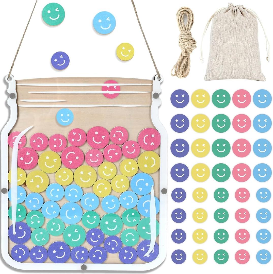 12" Large Wooden Reward Jars for Kids 100Pcs Smile Face Classroom Jar Reward Hanging Potty Training Chart Classroom Management Tools Incentive Behavior Chart for School Student Teacher Home Supplies