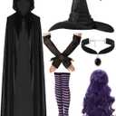 6 Pcs Halloween Witch Costume Set for Women Hooded Cloak Velvet Cape Witch Hat Dark Purple Wig Striped Knee High Socks Spider Web Gloves Gothic Choker for Cosplay Party Costume Accessories