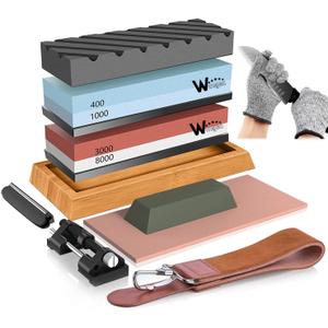 Knife Sharpening Stone Kit  400/1000 3000/8000 Grit Wet Kitchen Whetstone Knife Sharpener Set with Non-slip Bamboo Rubber Base, Angle Guide, Flattening, Leather Strop and Cut Resistant Gloves