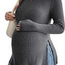 Women's Maternity Ribbed Knit Shirts Ruffle Hem Split Side Tee Tops Crew Neck Long Sleeve T Shirts Pregnancy Clothes Dark Grey Small