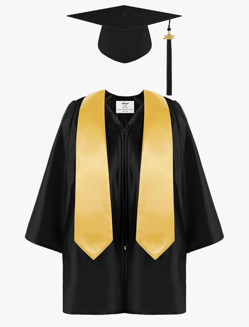 SOMSOC 4 Pieces Kindergarten Graduation Gown Grad Cap Set for Kids Preschool Nursery Graduation Stole Gown with 2025 Tassel Black 4'3"-4'5"