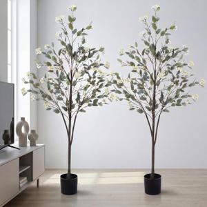 2 Pcs 5ft Artificial Eucalyptus Tree with Flowers Tall Faux Eucalyptus Stems Realistic Fake Bougainvillea Plants for Spring Porch Home Office Indoor Outdoor Decor (White)