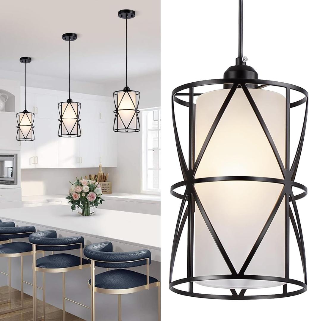 7"x10" Pendant Lights with Frosted Glass, Matte Black Pendant Lighting Kitchen Island, Cylindrical Pendant Light Fixtures, Modern Kitchen Island Lighting, Pendant Light for Foyer-Large