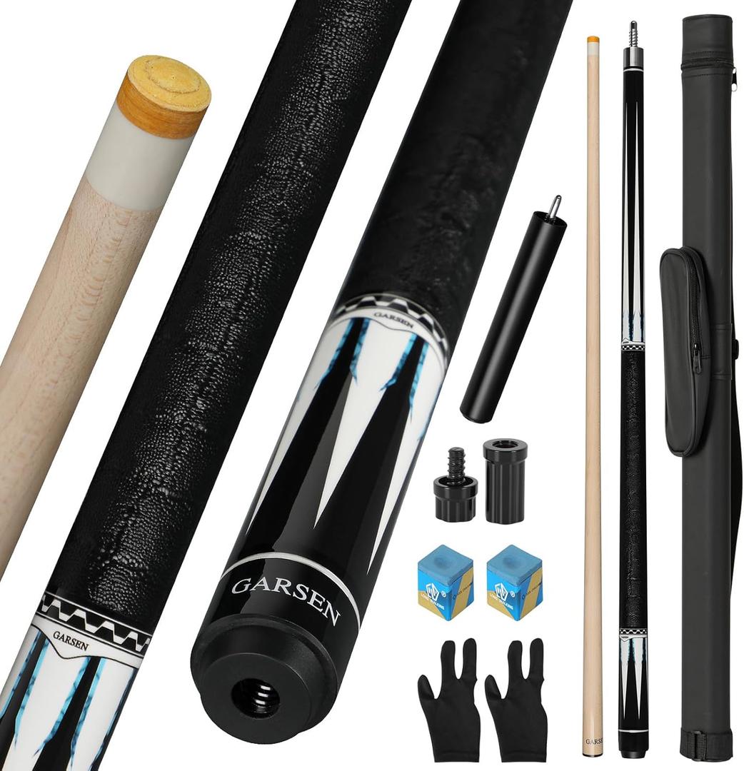 GARSEN 6A-Grade Canadian Maple Wood Pool Cue Stick 20oz, Genuine Leather Anti-Slip Grip, Multi-Layer & High-Density Piano Lacquer with Case, Chalks, Gloves, Joint Protectors​ (Leather White)