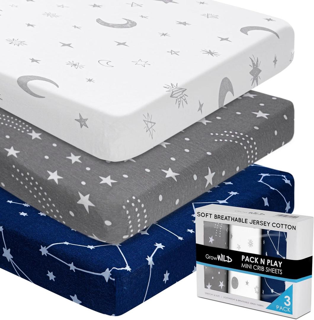 GROW WILD Pack n Play, Mini Crib Sheets 3-Pack | Soft Jersey Sheet Set for Boys or Girls | Playard Mattress, Pack and Play Sheets Fitted | Portable Bassinet Sheet - Stars & Moon Nursery Bedding GROW WILD Pack n Play, Mini Crib Sheets 3-Pack | Soft Jersey Sheet Set for Boys or Girls | Playard Mattress, Pack and Play Sheets Fitted | Portable Bassinet Sheet - Stars & Moon Nursery Bedding