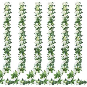 Sggvecsy 6Pcs 46.5Ft Artificial Rose Vine Fake Flower Garland Floral Garland Faux Silk Hanging Vine Rose Ivy Vines for Wedding Arch Party Wall Garden Ceremony Background Outdoor Decor (White)