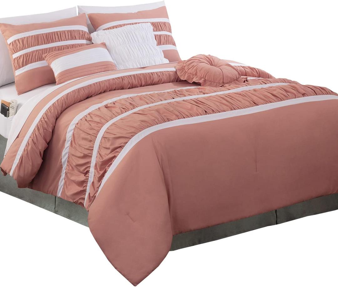 Elegant Comfort 12-Piece Bed-in-a-Bag, Isabella Pleated Ruched Ruffled Comforter Set, 6-Piece Sheet Set Featuring Smart Pockets, Decorative Pillows, All Season Bedding, California King, Dusty Rose
