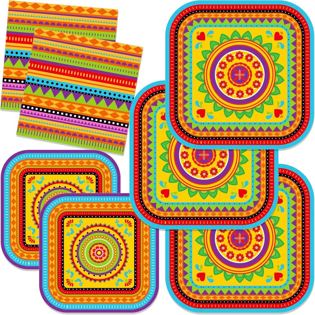 CC HOME 88PCS Mexican Fiesta Birthday Paper Plates Napkins Mexico Cactus Colorful Disposable Tableware Set Party Supplies Cinco De Mayo Theme Dinnerware Sets Serves 24 Guests